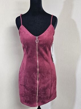 Iris Raspberry Wine Velvet Zip Mini Dress S Gold Ring Y2K NWT